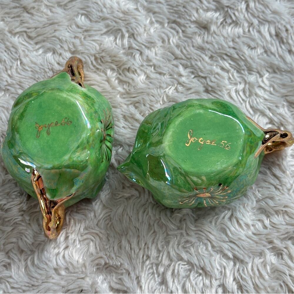Vintage Midcentury 50s Green Floral Ceramic Bowls with Gold Handles Cream Sugar - Picture 4 of 4